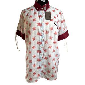 Le Jean De Marithe Francois Girbaud Blouse Size XL NWT White Floral Red Collar